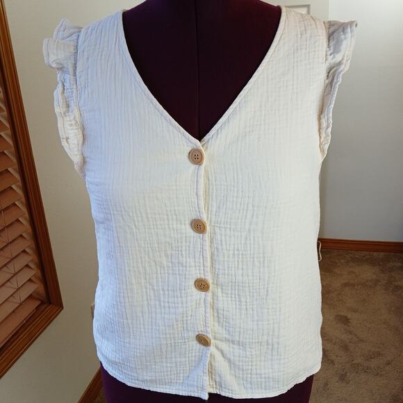 LC Super Soft Tank Top Vest M cream organic cotton button-up ruffles fully lined - Picture 5 of 12